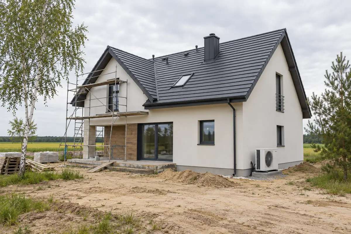 New detached house in the countryside with a heat pump unit beside it